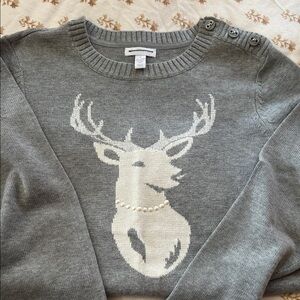 Charter Club Gray Crewneck Sweater with Ivory Deer and Pearl Detail